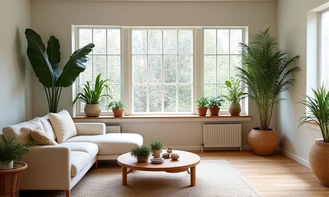 Intérieur de maison moderne et éco-responsable avec des matériaux naturels et beaucoup de lumière.